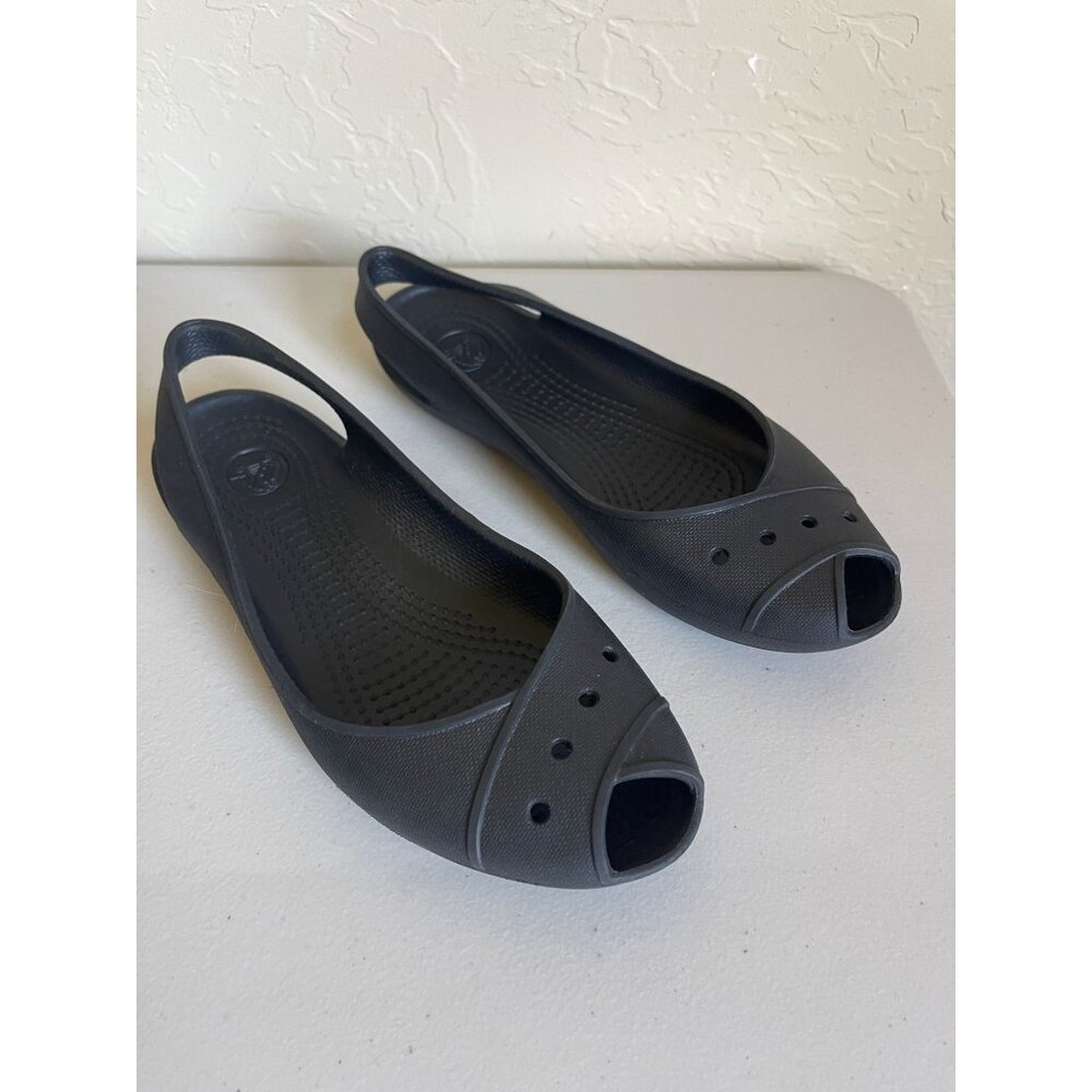 CROCS Farrah Size 6 Black Rubber Slingback Peep Toe Flats